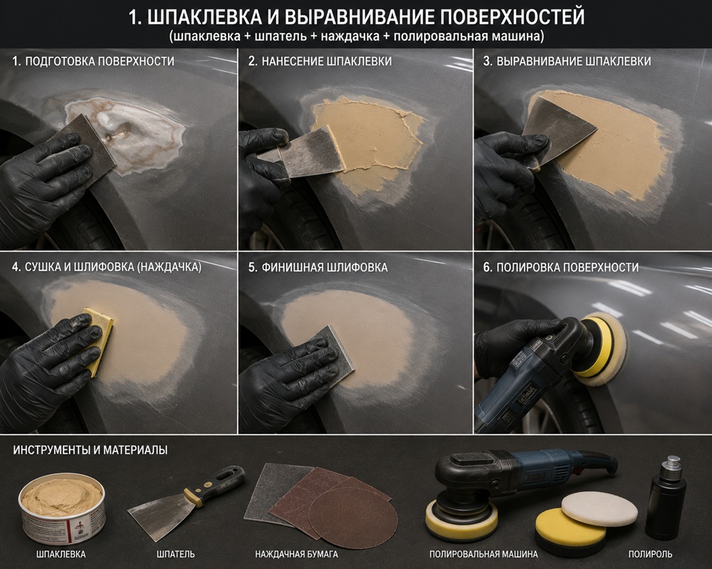 Шпаклевка и выравнивание поверхностей детали (шпаклевка + шпатель + наждачка + полировальная машина) — автоуслуга A-EL